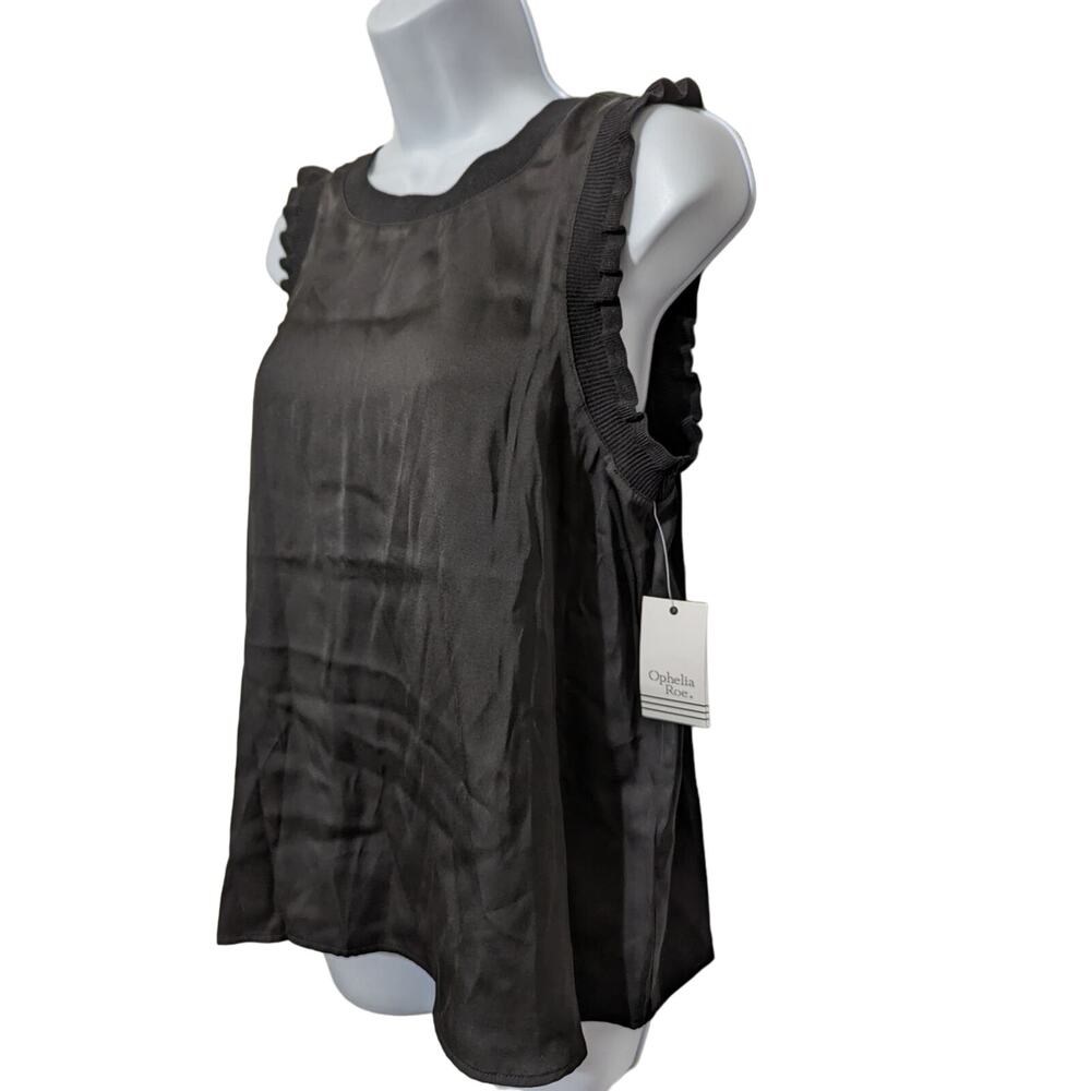 Ophelia Roe Tunic Top, Small, Black Satin Ruffle Sleeveless Summer Office Blouse - Picture 5 of 11